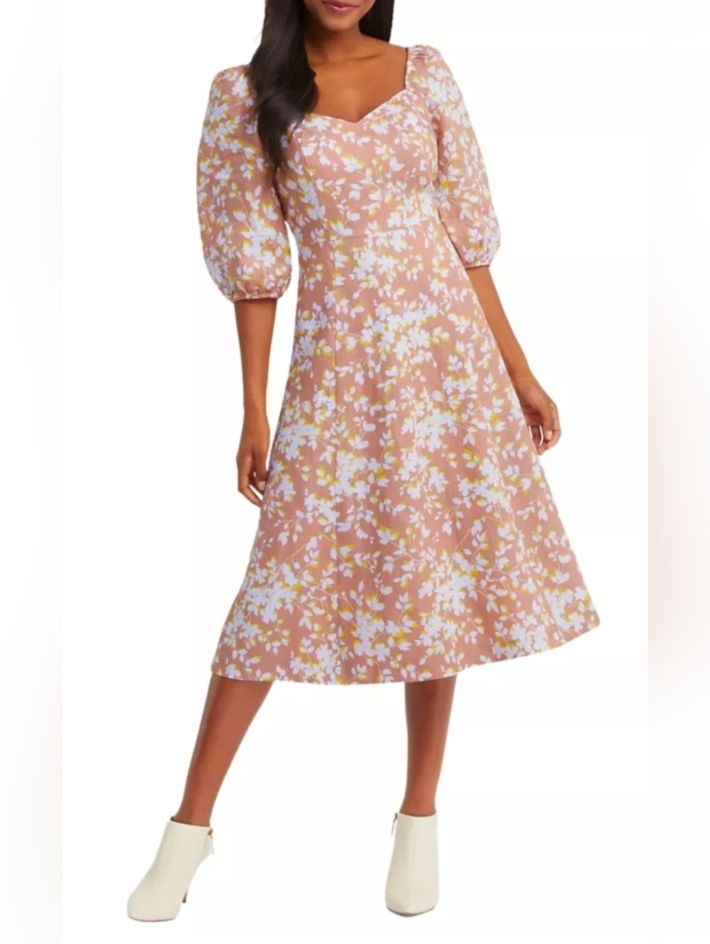 Draper James BeigeFloral Puff-Sleeve Midi Dress - Size 16